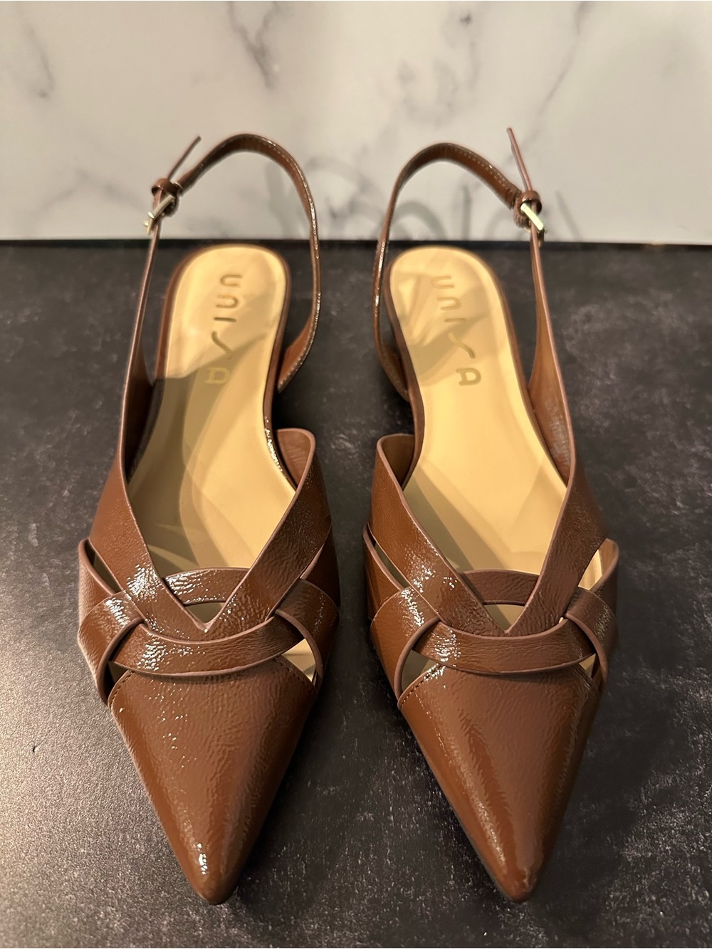 NWOT Unisa Brown Patent Pointed-Toe Slingback Flats